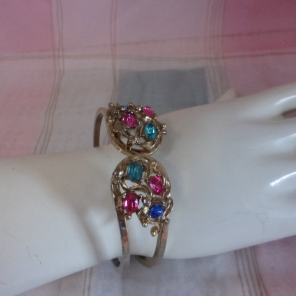 Multi Color Rhinestone Gold Tone Clamp Bracelet - Picture 2 of 12
